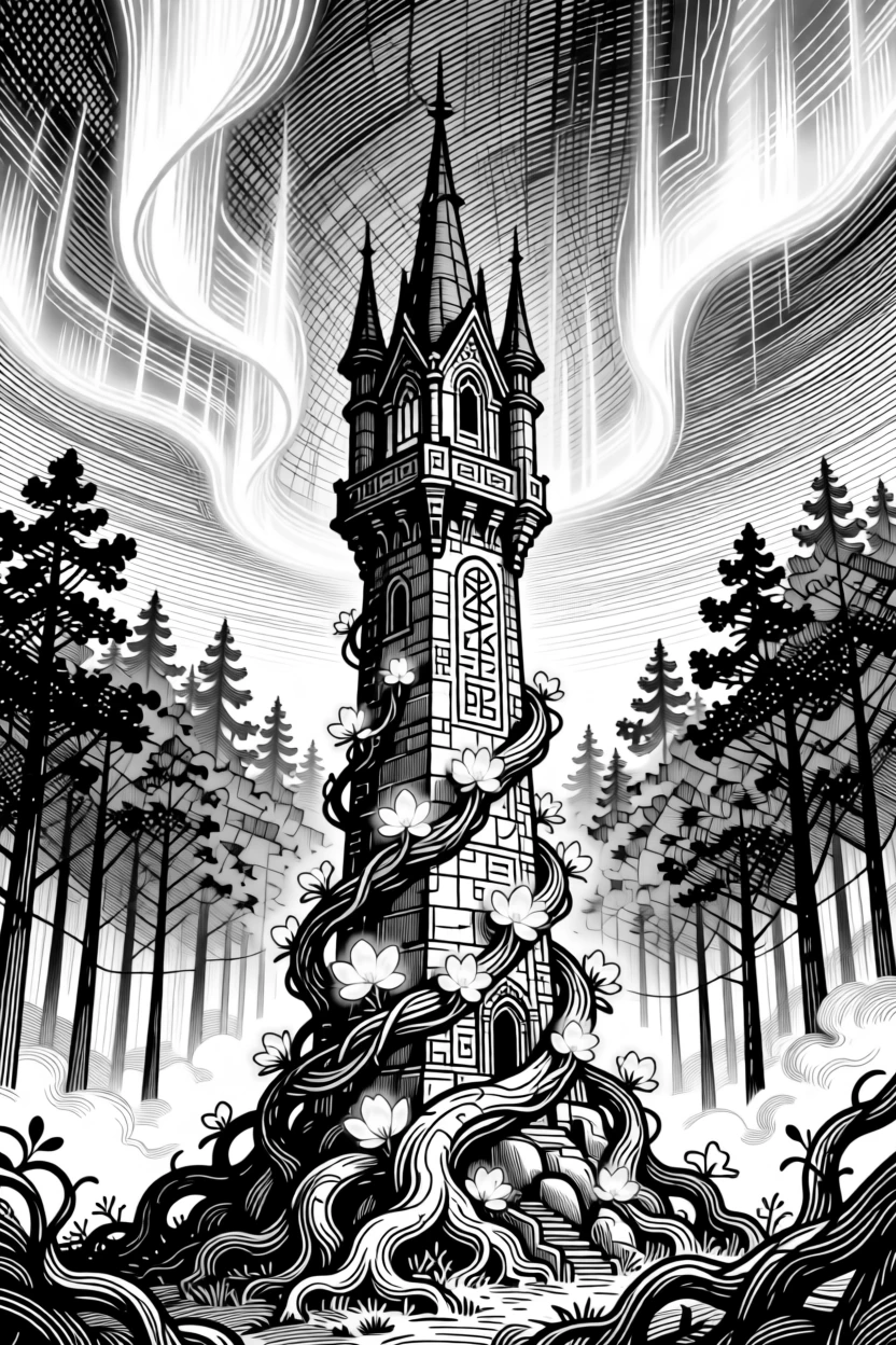 A wizard's tower rising from a misty forest under a sky streaked with aurora light, with vines wrapped with softly glowing blossoms, forming an awe-inspiring and magical fantasy scene.