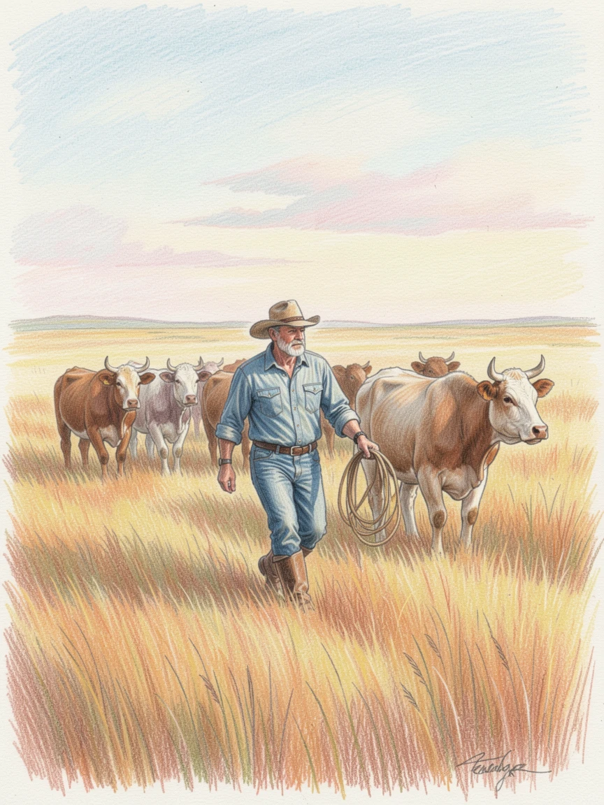 A rancher herding cattle across a golden prairie, set against a softly lit, atmospheric backdrop, perfect for anyone drawn to gentle, heartfelt imagery.