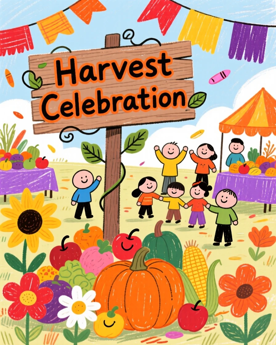 A harvest celebration surrounded by vibrant fabric and flowers.