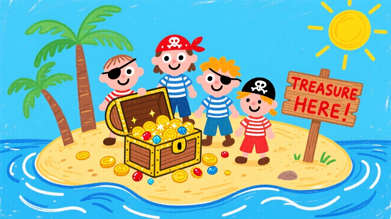 A pirate crew discovering a chest of glittering gold on a sandy island.