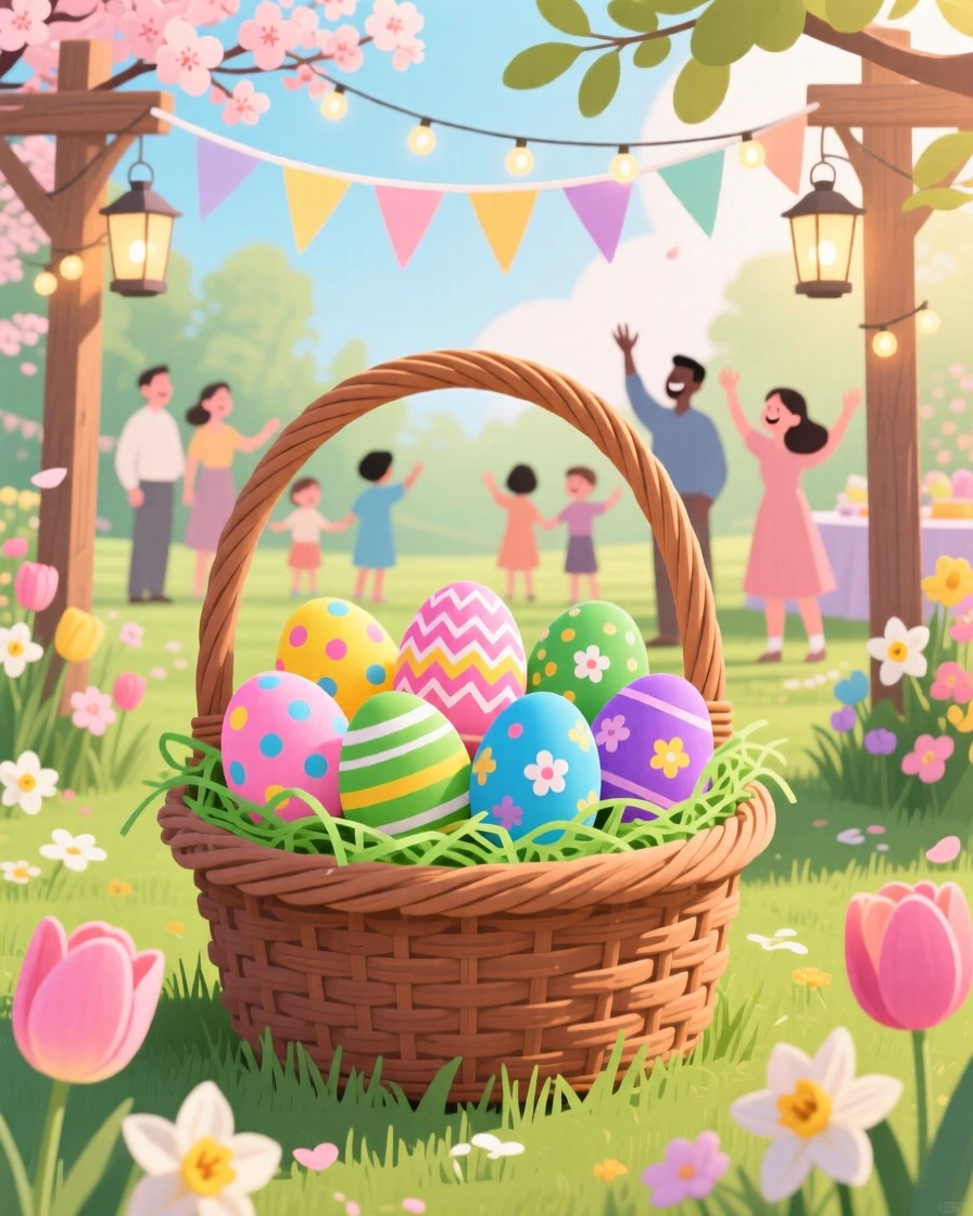 A Easter basket filled with colorful decorated eggs, set within a beautifully decorated outdoor venue, framed to highlight the excitement of the special occasion, with a joyful sense of togetherness and celebration.