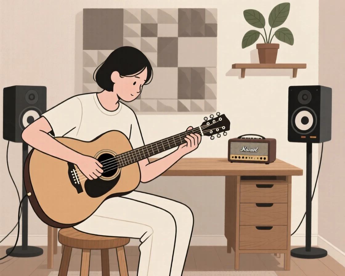 A person tuning a guitar in a quiet home studio.