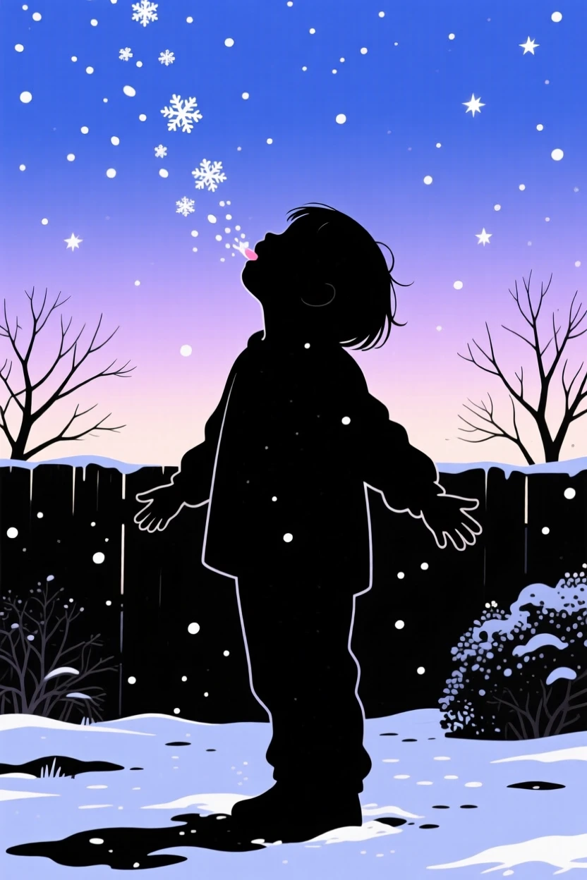 A child catching snowflakes on their tongue in a quiet backyard.