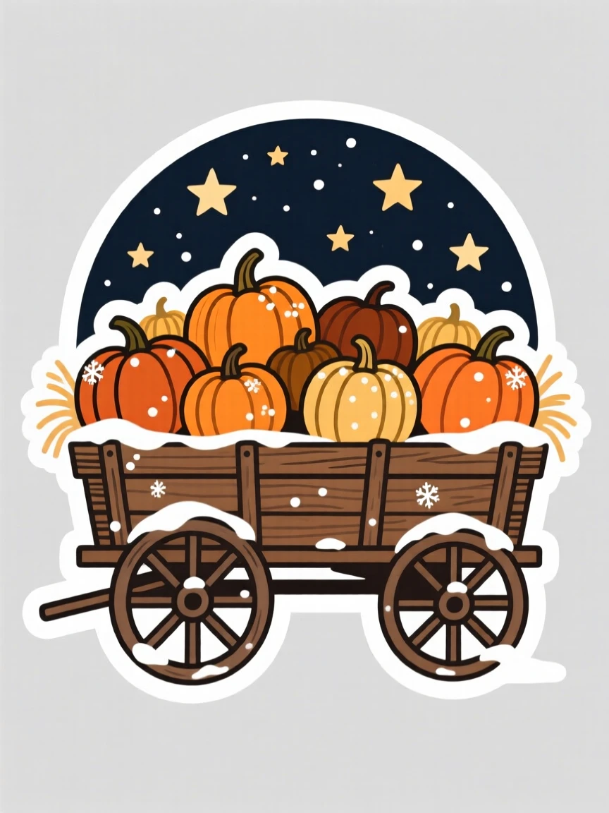 A warmly nostalgic autumn hayride wagon full of pumpkins, with a light dusting of glittering snow, under a sky full of stars on a special night.