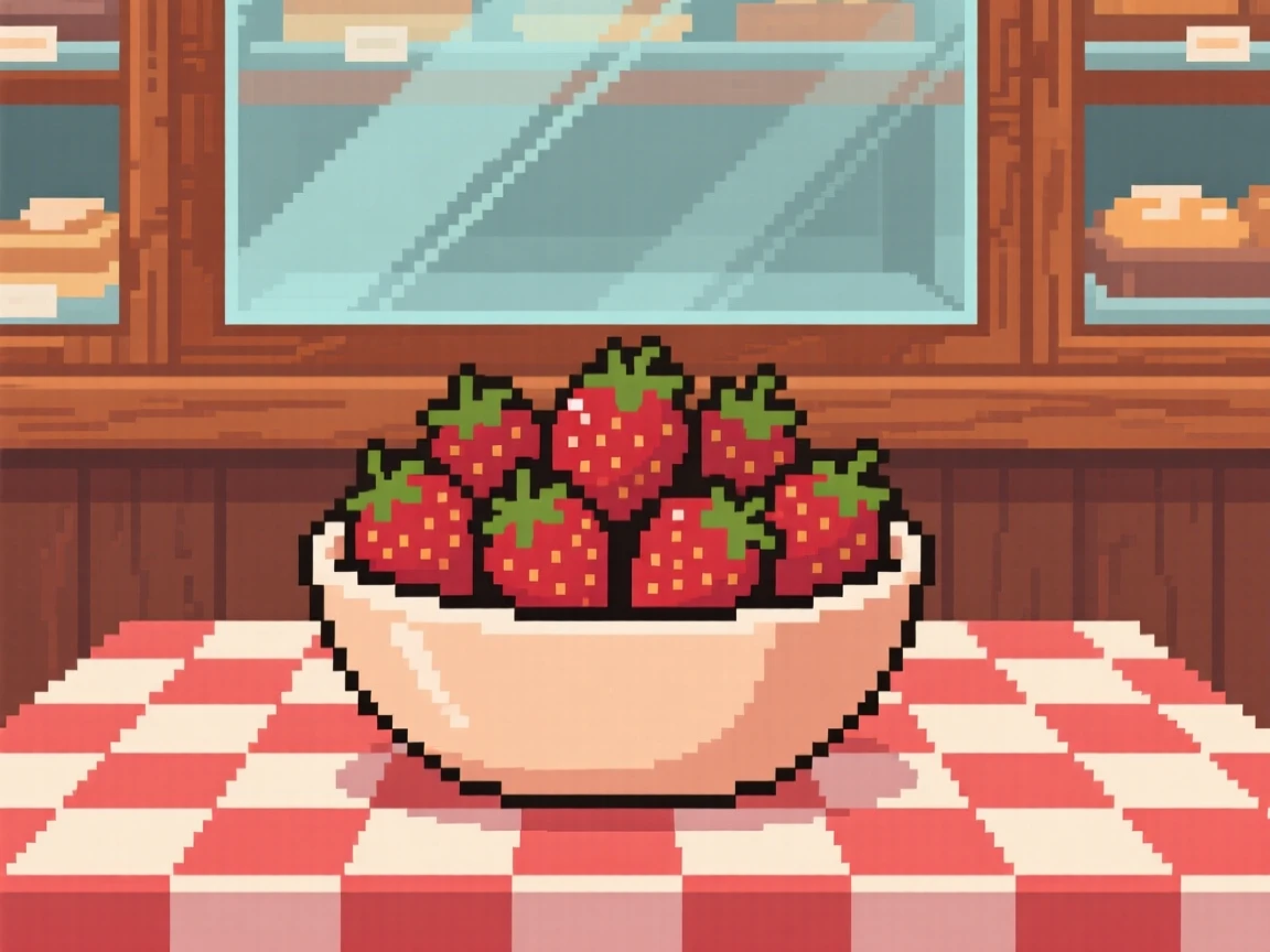 A bowl of fresh strawberries arranged neatly on a checkered tablecloth, in a cozy bakery display case.