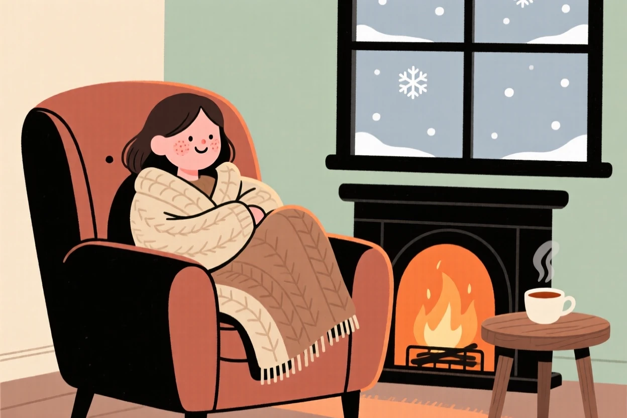 A young woman curls up in a overstuffed armchair beside a crackling fireplace, wrapped in a woolen throw while watching snow fall outside.