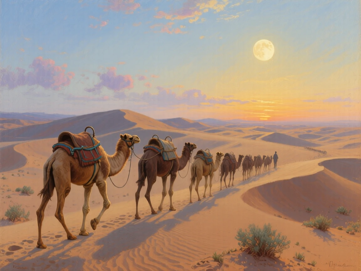 A balanced composition of a caravan of camels crossing a vast desert under a blazing sun, under a full moon, in antiquity.