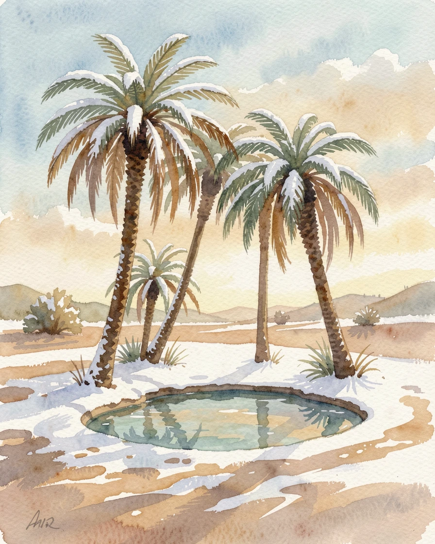 A desert oasis with palm trees and a clear pool during the first snow.