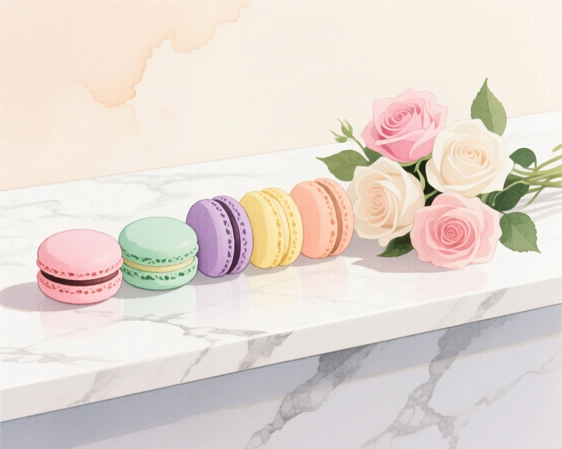 A row of colorful macarons arranged on a marble counter beside a small bouquet of pastel roses