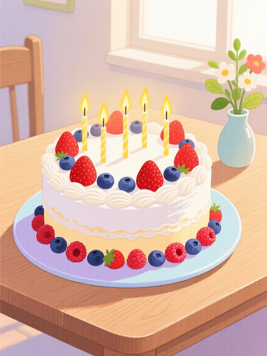 A cozy scene featuring a birthday cake topped with candles and fresh berries.