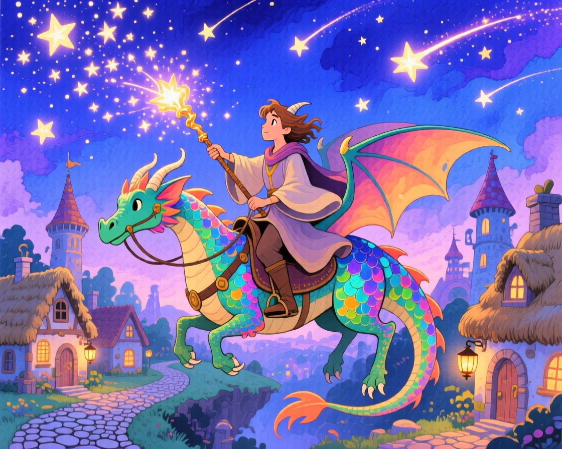 A dragon rider casting a spell that fills the air with sparkling light, in a sky full of shooting stars over a fantasy village, brimming with enchantment and discovery.