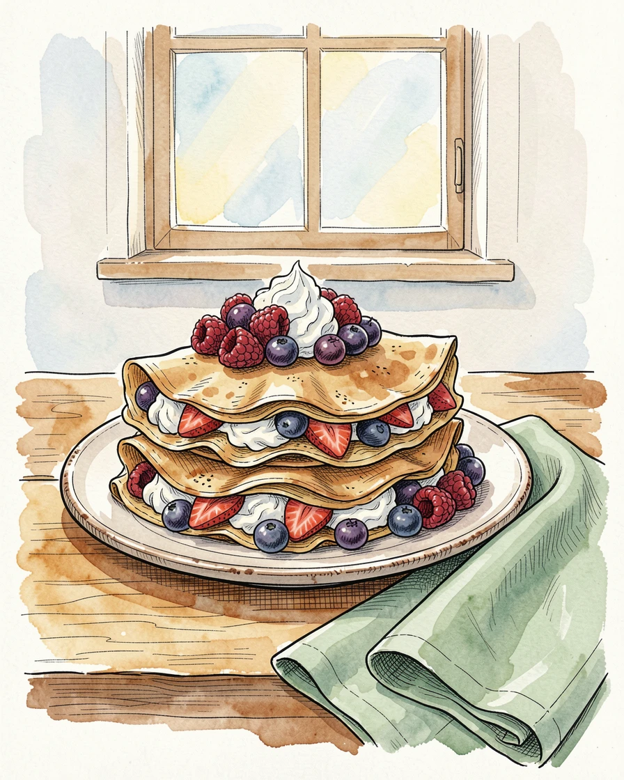 A stack of crepes filled with fresh berries and whipped cream, a cozy, homemade atmosphere filling the scene.
