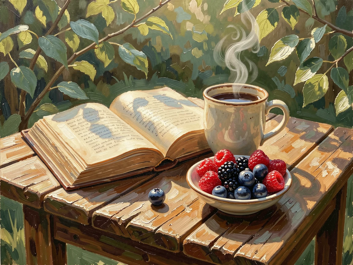 A cup of coffee beside an open book, sunlight catching the glisten of fresh berries, on a rustic wooden table set in a garden, on a lazy Sunday afternoon.