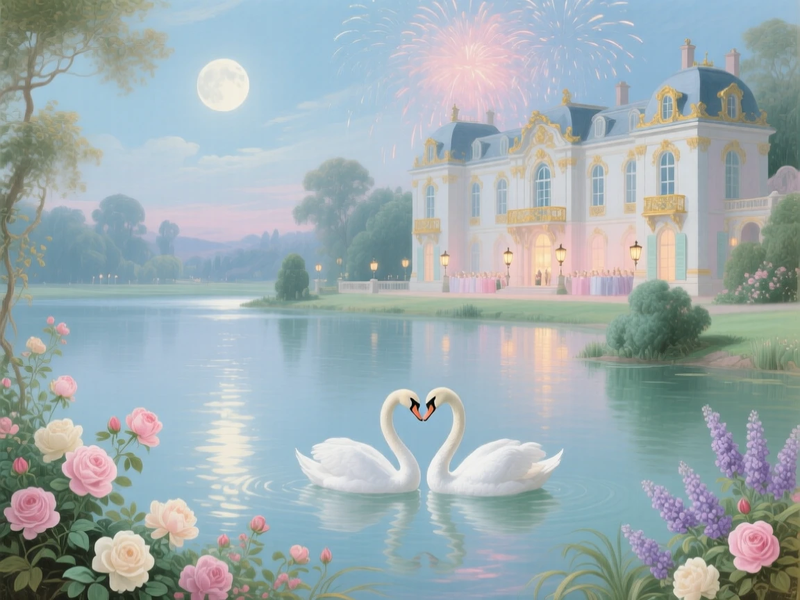 A moonlit lake reflecting a palace, swans, and distant fireworks  