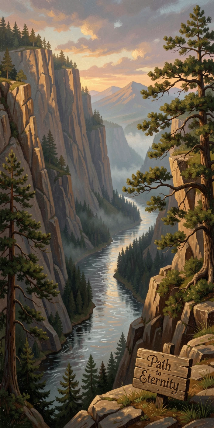 Cliffs plunging toward a distant silver river.