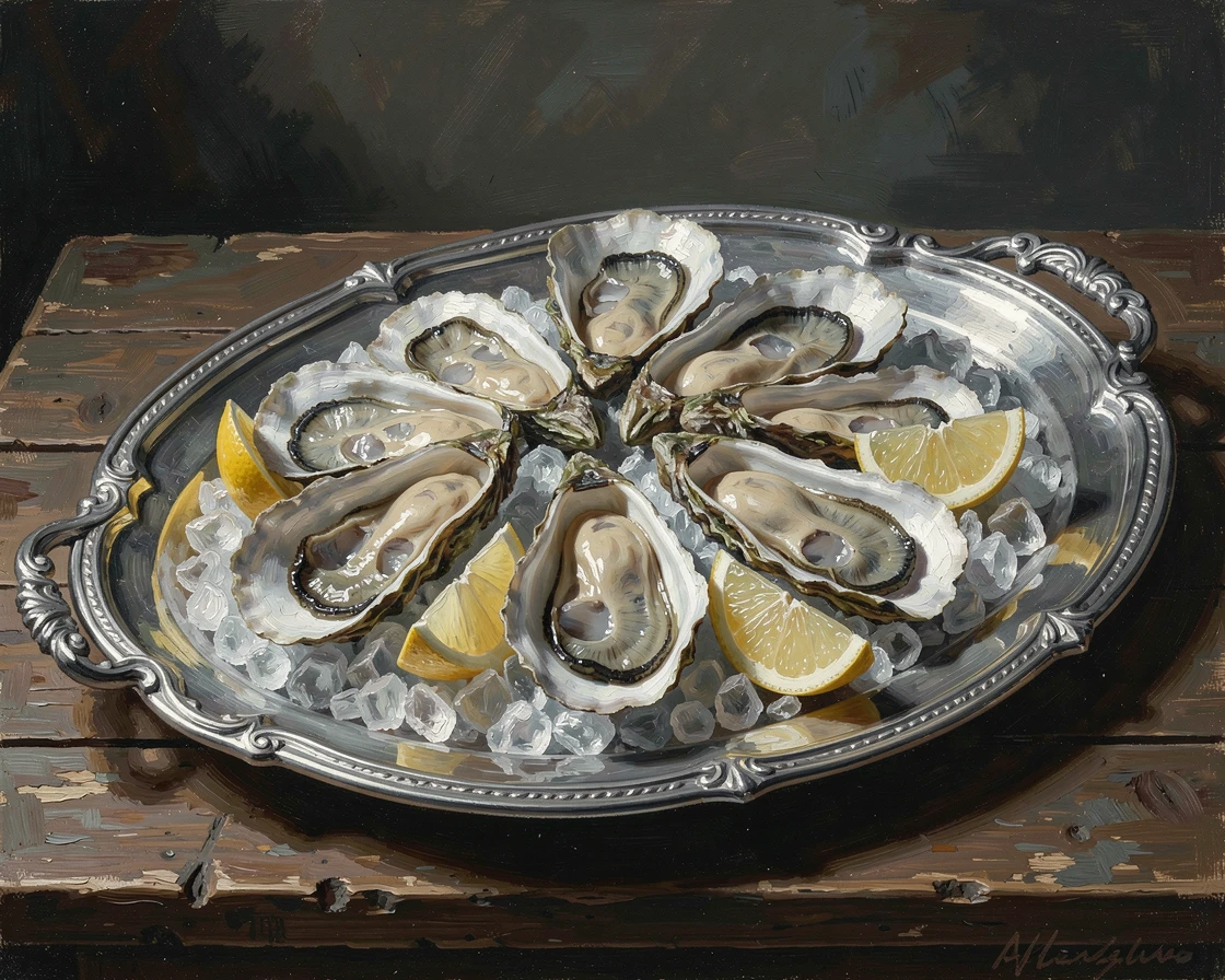 A silver serving tray of fresh oysters and lemon on crushed ice, captured with meticulous attention to material and craftsmanship, offering a classic, gallery-worthy still life composition
