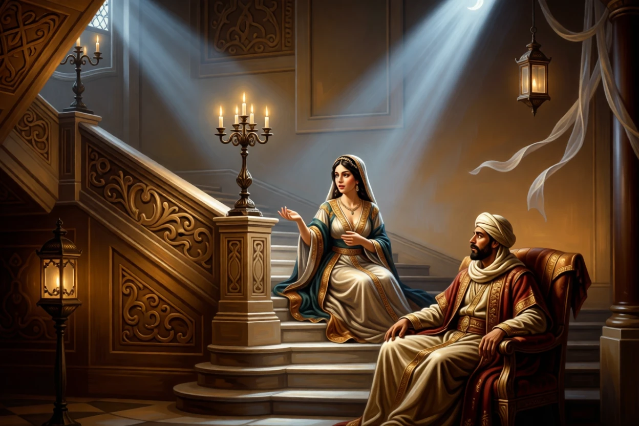 Scheherazade weaving a tale to a captivated sultan by lamplight at the story's most enchanting and memorable turn, set beside a grand staircase lit by flickering candelabra, with lanterns swaying gently and silk ribbons catching the breeze; a diagonal beam of moonlight highlights the pivotal narrative moment, capturing the enchantment of tales passed down through generations.