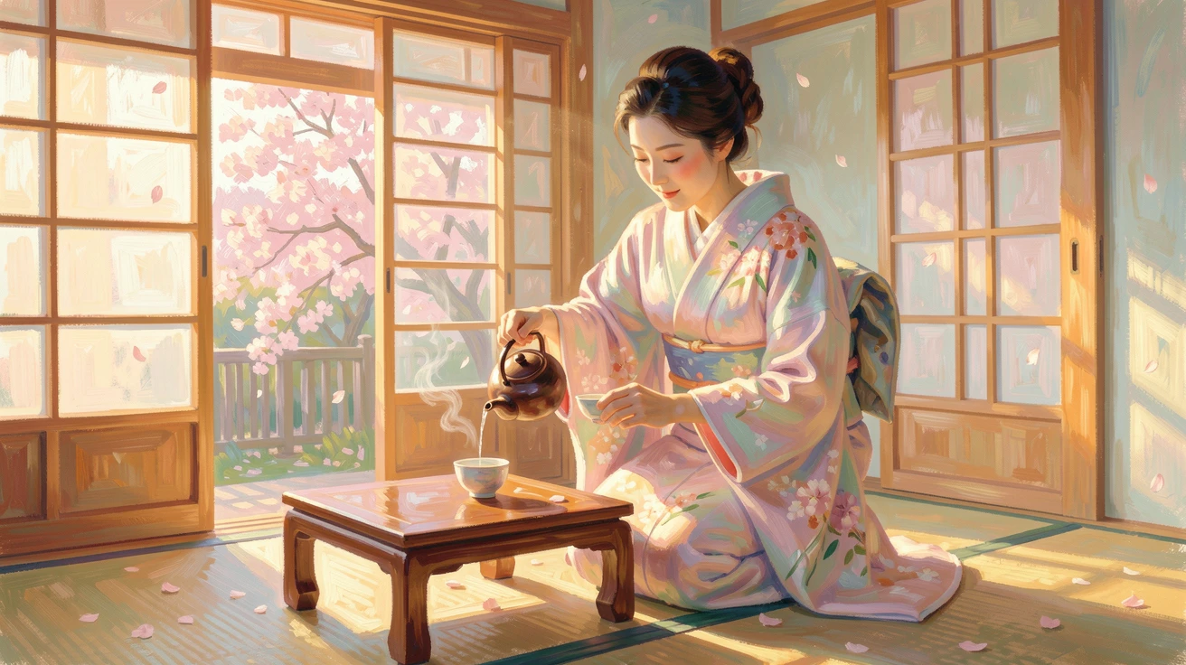 A tea ceremony host gracefully pouring tea in a traditional Japanese room bathed in soft afternoon light, in early spring, radiating joy and gentle celebration.