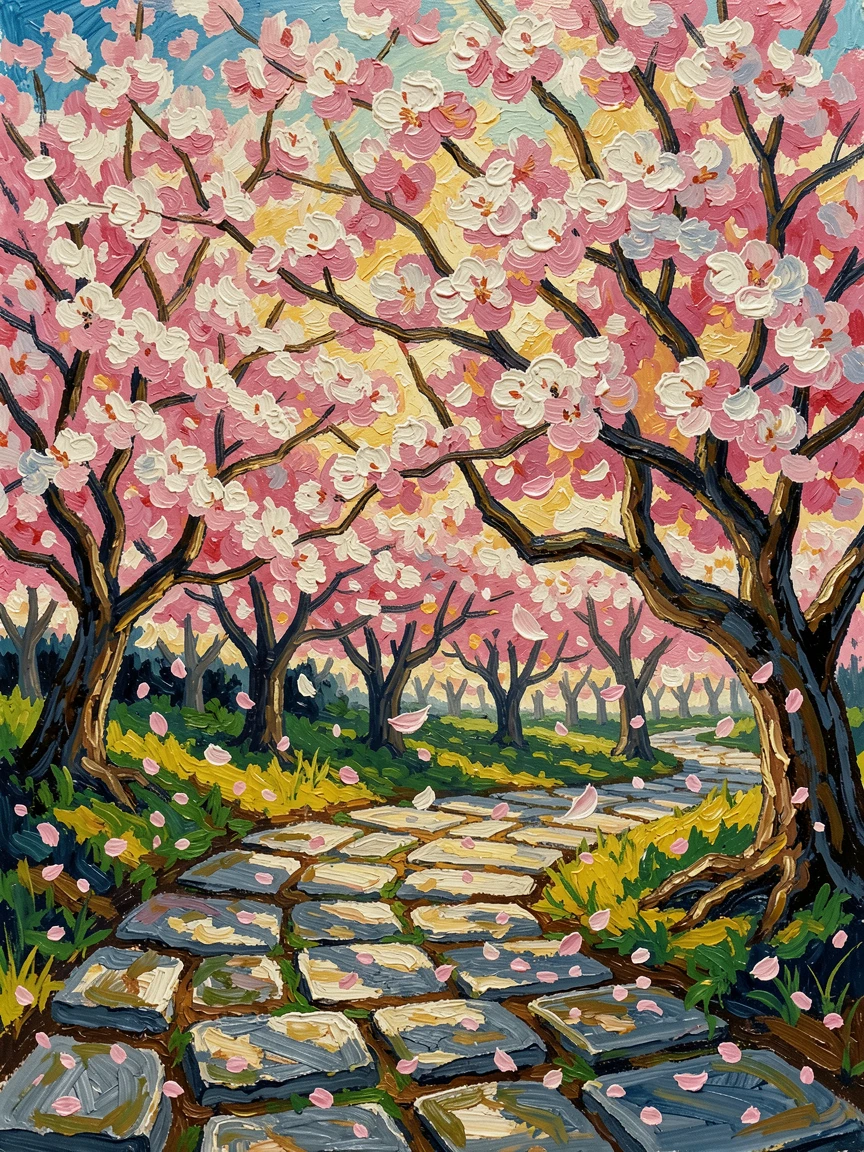 A cherry blossom grove in full bloom, petals drifting across a stone path.