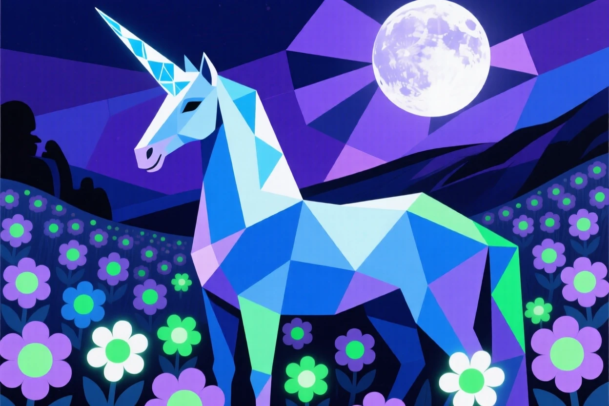 A magical scene of a moonlit unicorn in a valley filled with luminous flowers.