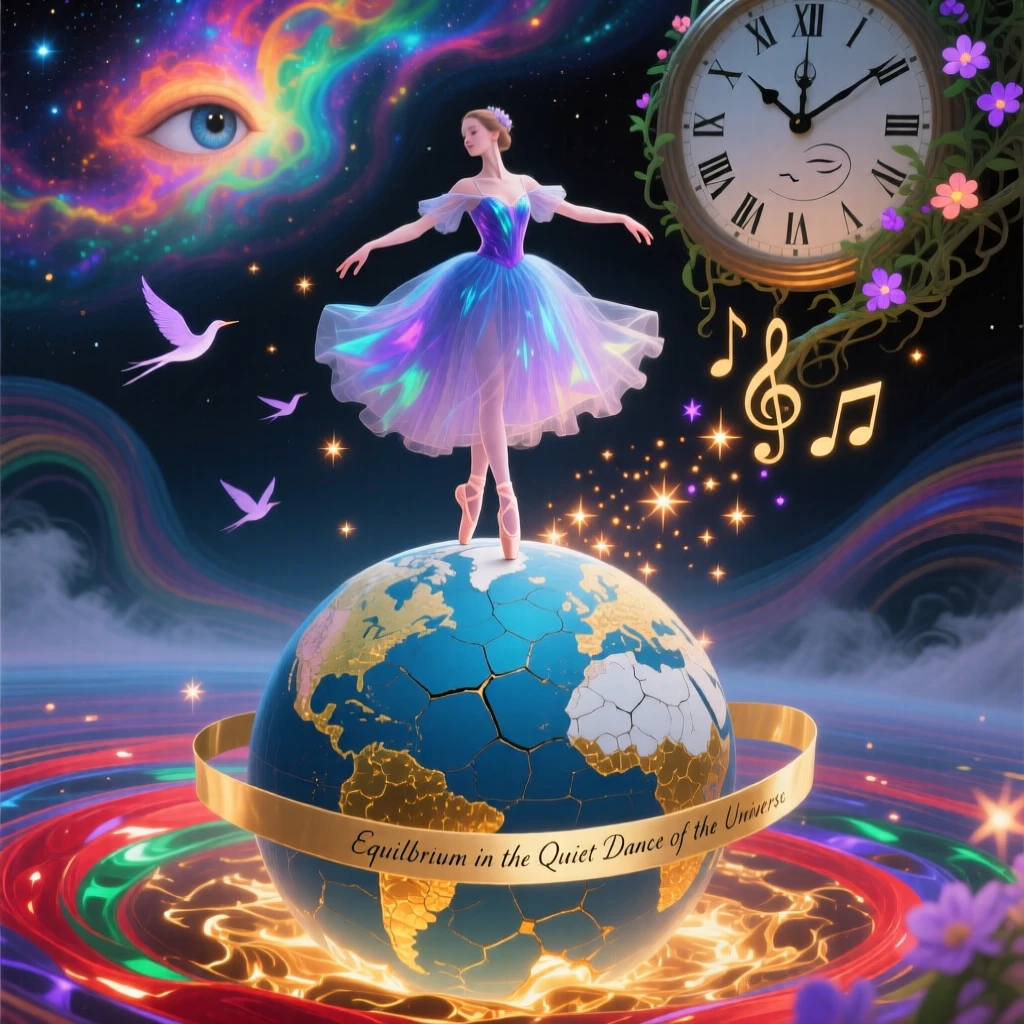 A ballerina balanced weightlessly atop a slowly spinning globe works calmly, absorbed entirely in a quiet, private moment, as tiny sparks of light rise gently from where they stand.