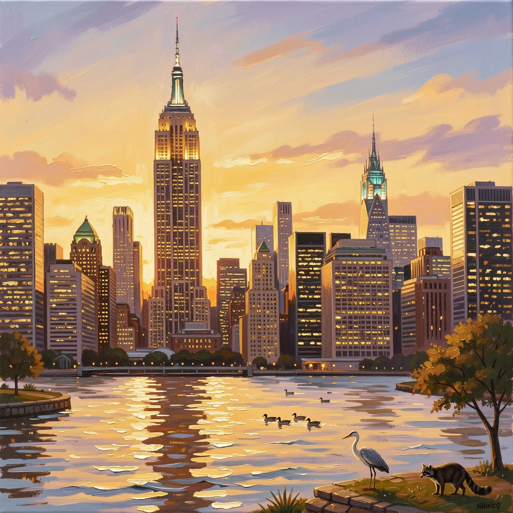 The Manhattan skyline glows gold at sunset, the Empire State Building rising above a sea of illuminated windows as the East River catches the fading light, with scattered wildlife visible moving quietly through the middle distance of the composition.