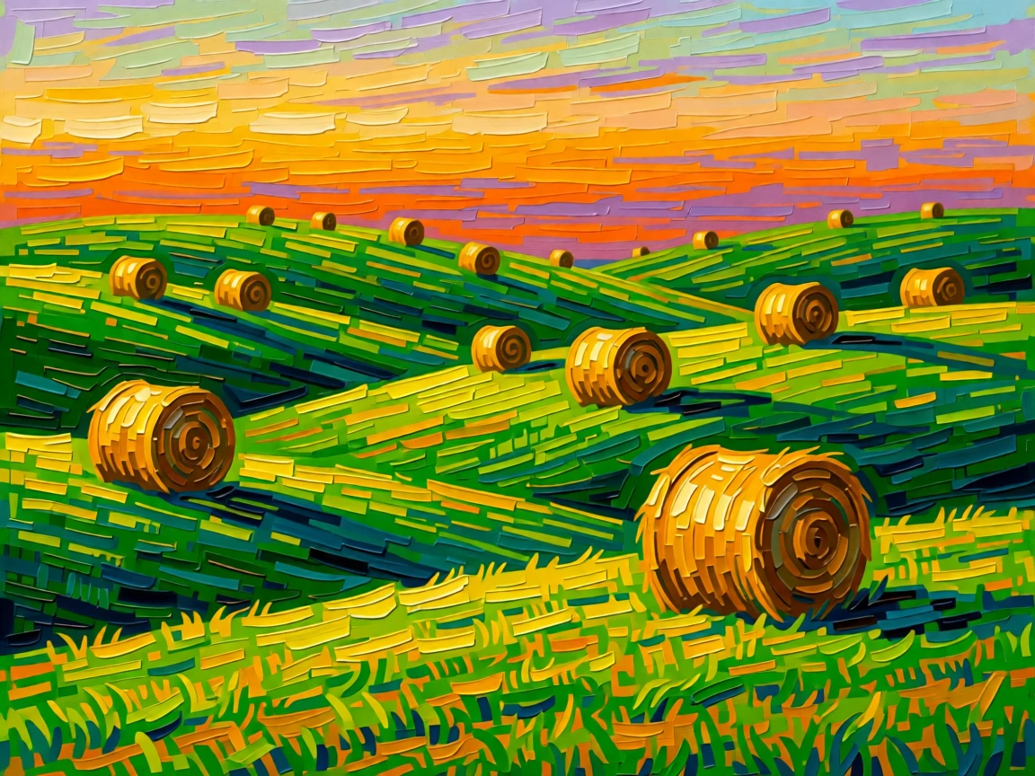 Rolling green farmland with hay bales scattered across the fields at golden hour