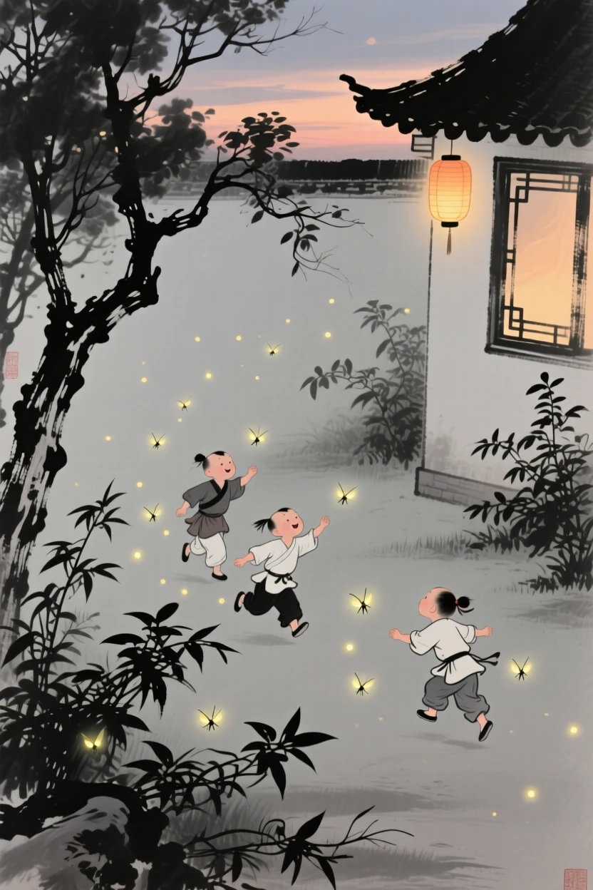 Children chase fireflies through a garden at dusk, with lanterns beginning to glow in nearby windows.