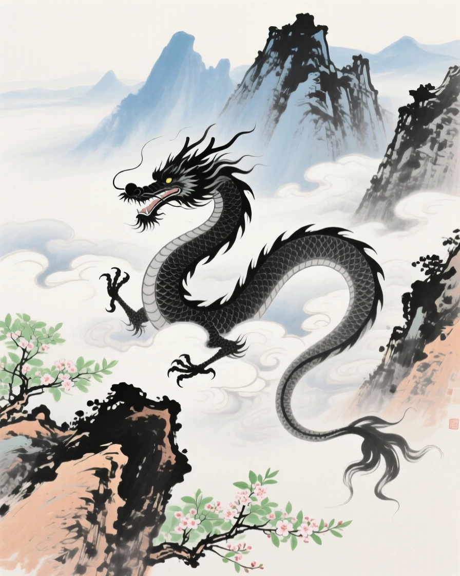 A celestial dragon coiling through clouds above a jagged mountain range, in early spring, brimming with peaceful contentment.