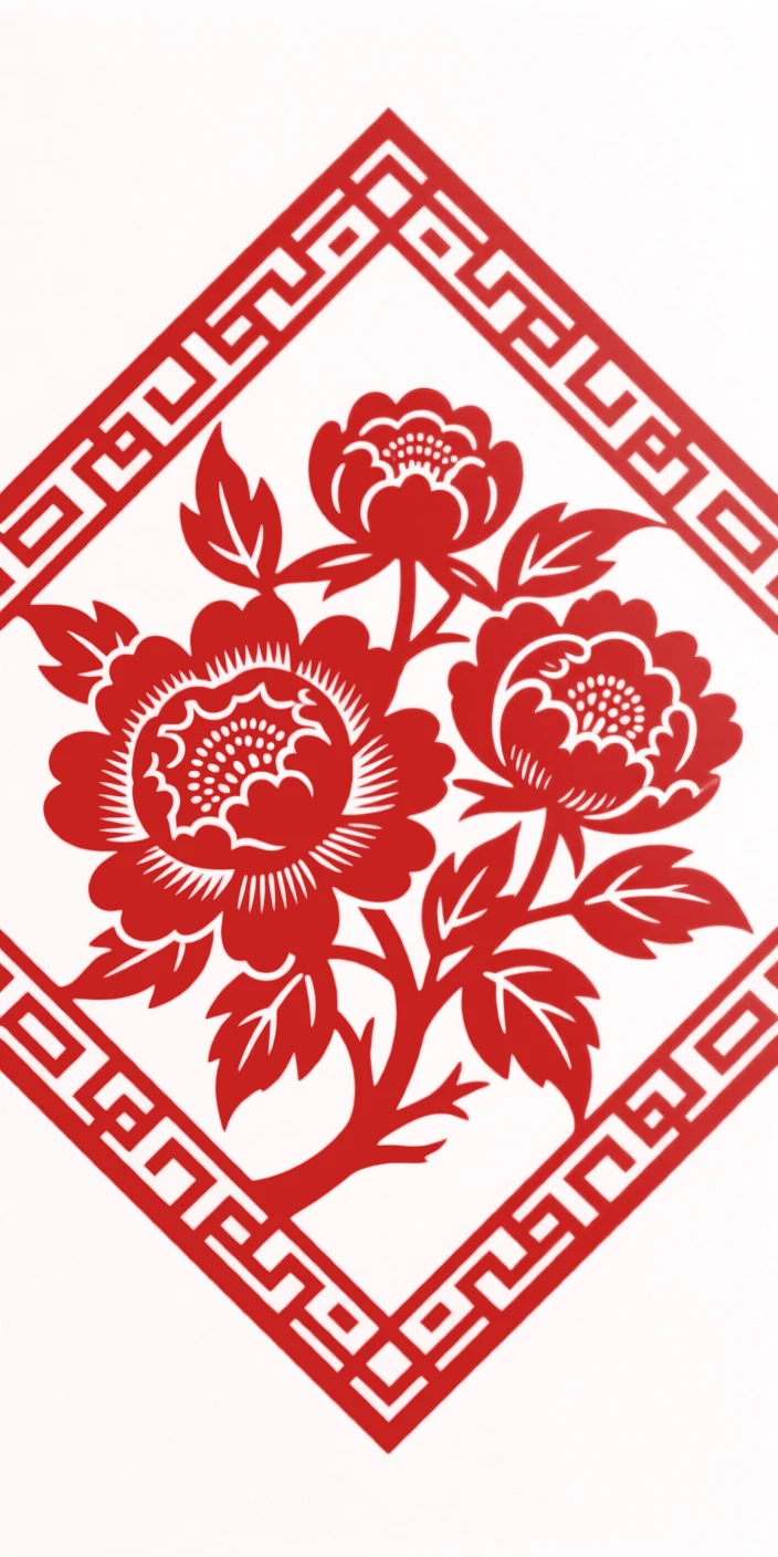 A design of a diamond-shaped panel featuring interlocking peony blossoms, bordered by a fine repeating key-fret pattern.