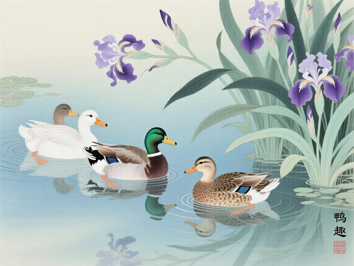 A family of ducks gliding across a still pond in a garden pond surrounded by iris flowers