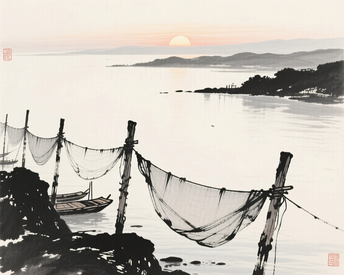 A calm bay where fishing nets dry along wooden posts in the stillness just before sunrise, viewed from a high vantage point looking down across the whole scene, capturing a fleeting, serene moment suspended in time.