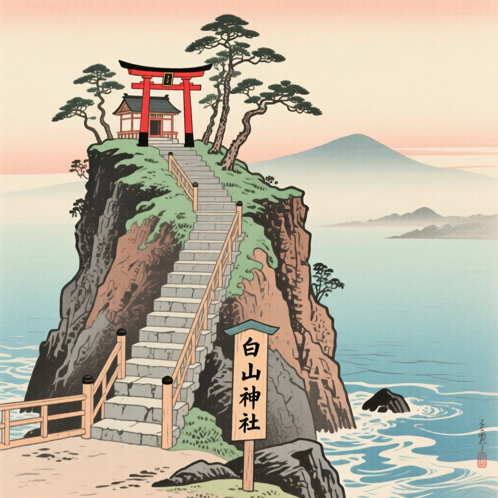 A mountaintop shrine staircase standing at the edge of a rocky peninsula.