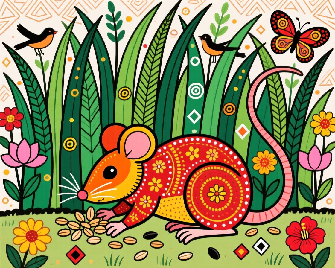 A field mouse gathering seeds beneath a canopy of tall grass.