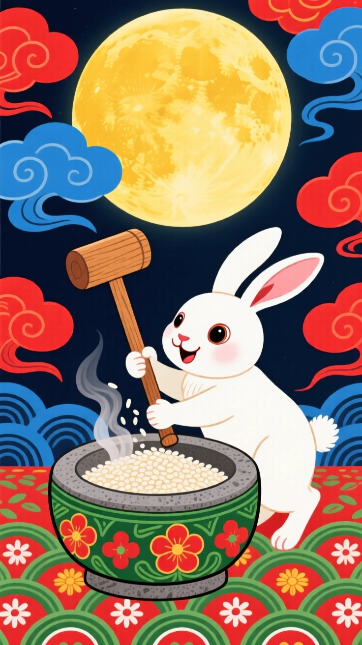 A rabbit pounding rice beneath a full moon.