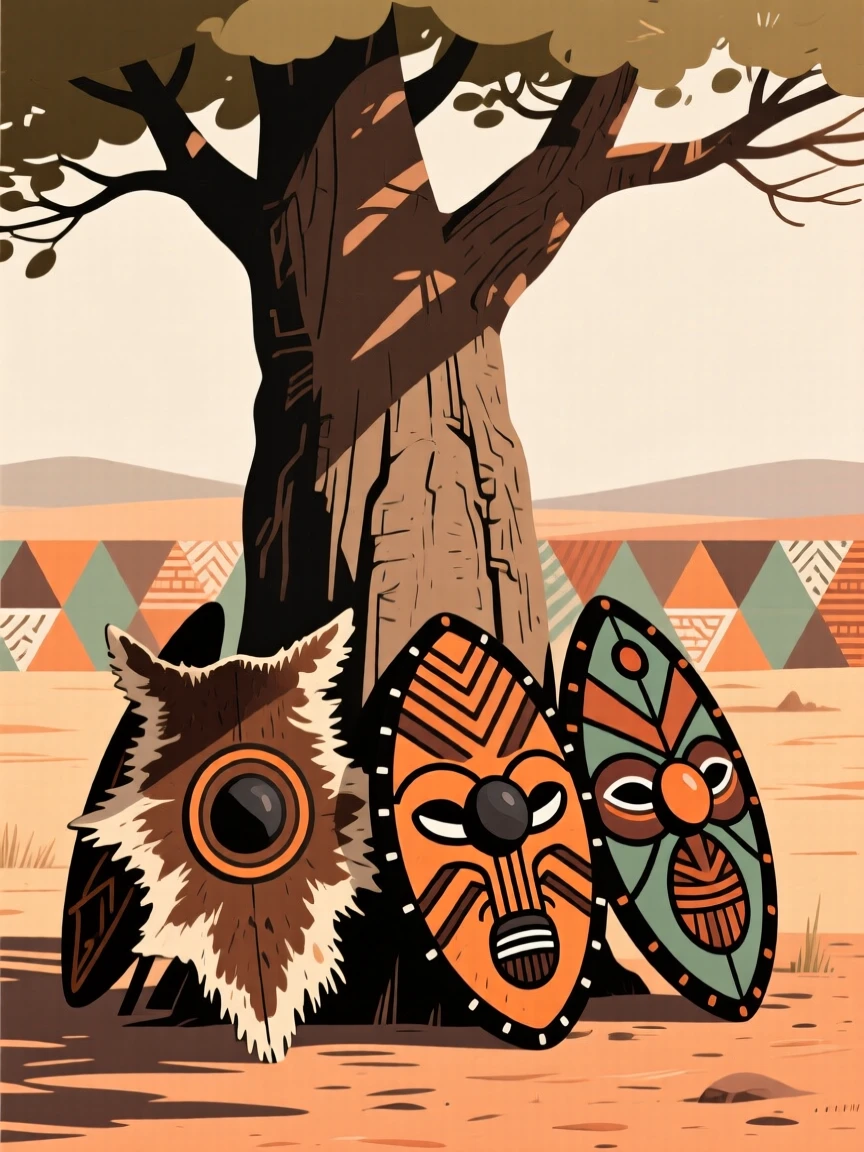 A display of animal-hide shields cooling in the shade of a tree.
