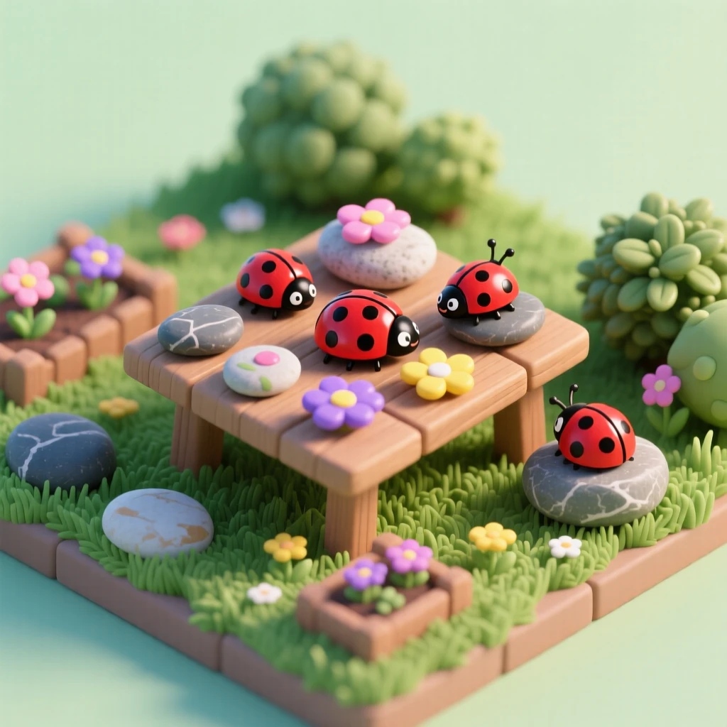 A rock painting activity in a garden, smooth stones being transformed into ladybugs and flowers with acrylic paint.