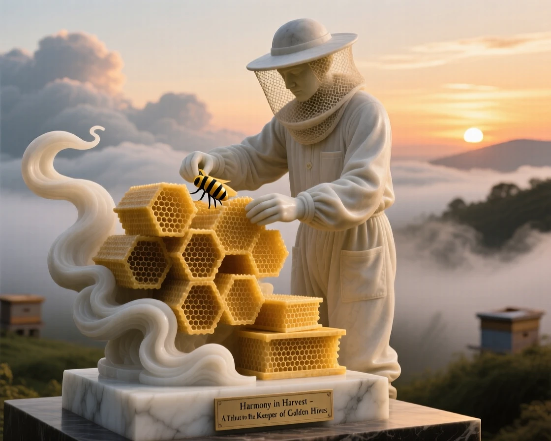 An evocative depiction of a beekeeper tending golden hives at sunset, amid swirling clouds and mist, balancing detail with emotional depth