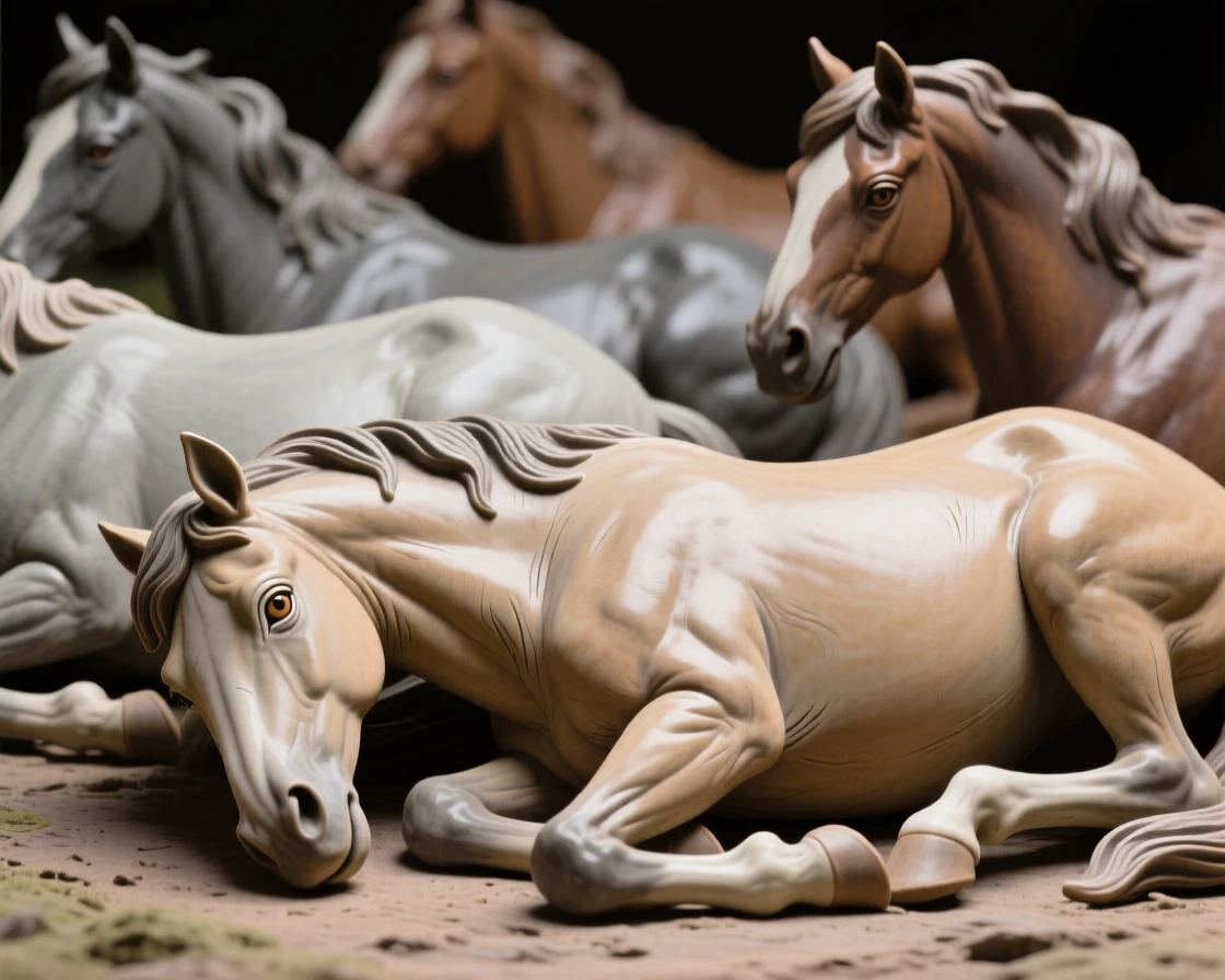 A herd of wild horses galloping resting with paws tucked beneath its body, its eyes wide with gentle curiosity, offering a serene glimpse into nature's stillness.