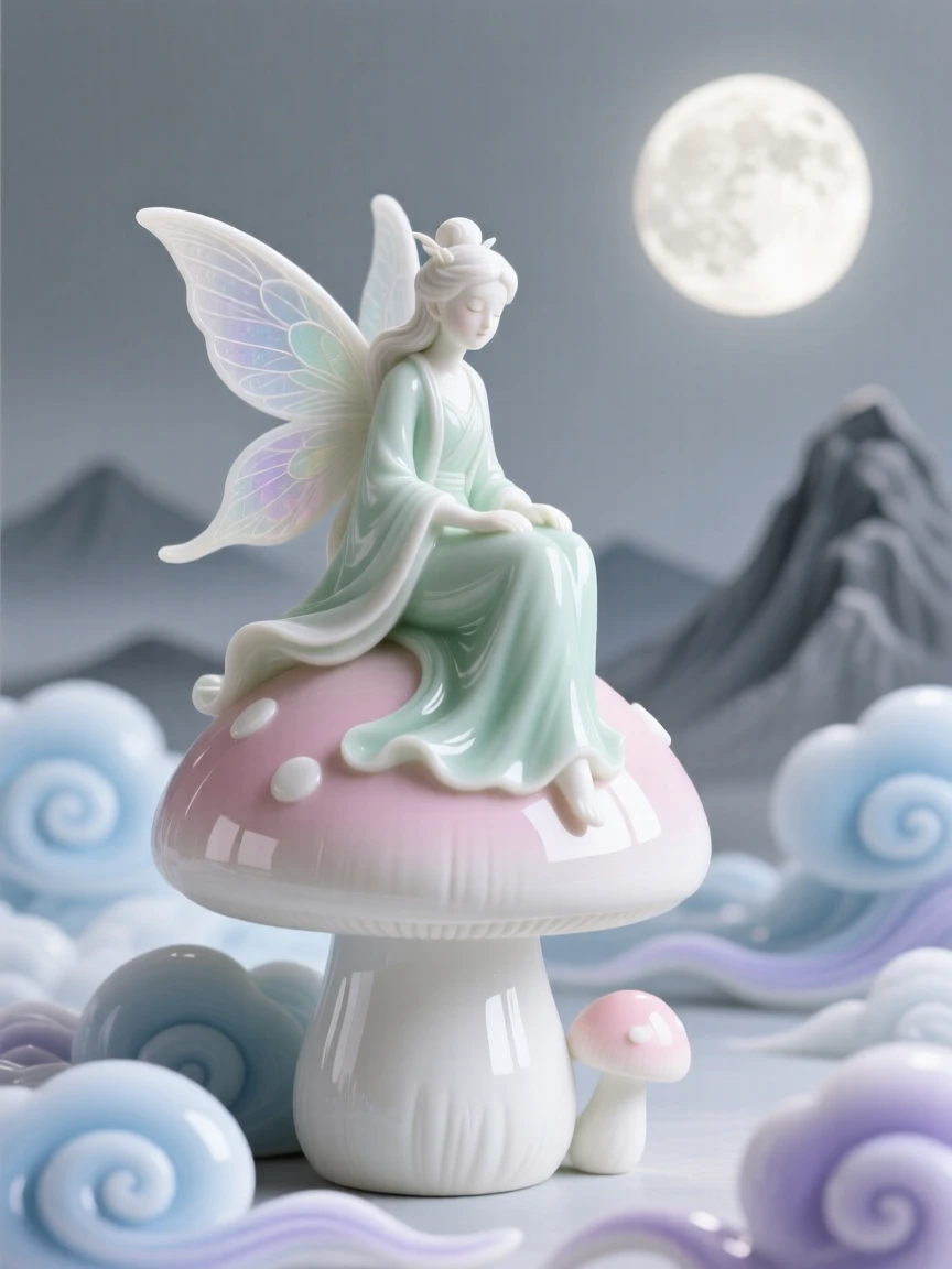 A whimsical scene of a fairy godmother perched on a mushroom beneath a glowing moon in a cloud kingdom above the mountains.