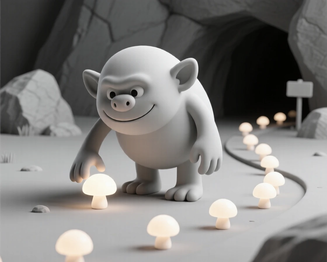 A friendly cave troll carefully rearranges glowing mushrooms to light a path for lost travelers.