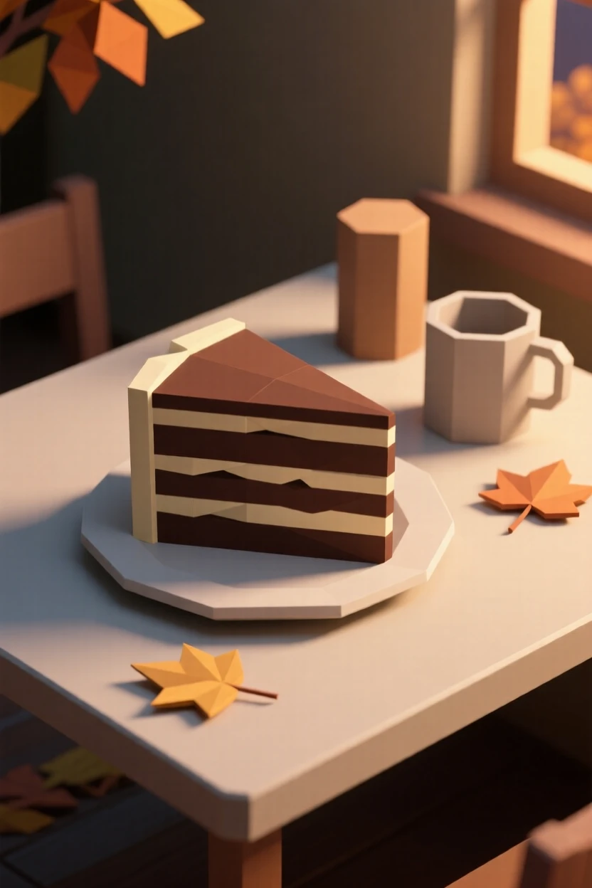A slice of rich chocolate layer cake, on a warm autumn evening table setting. soft natural light highlights rich textures and colors. There is an inviting, homey atmosphere.