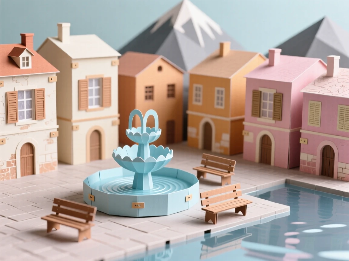 A historic old town square reflecting soft colors in still water nearby, with mountains rising dramatically in the background, evoking wanderlust and cultural charm.
