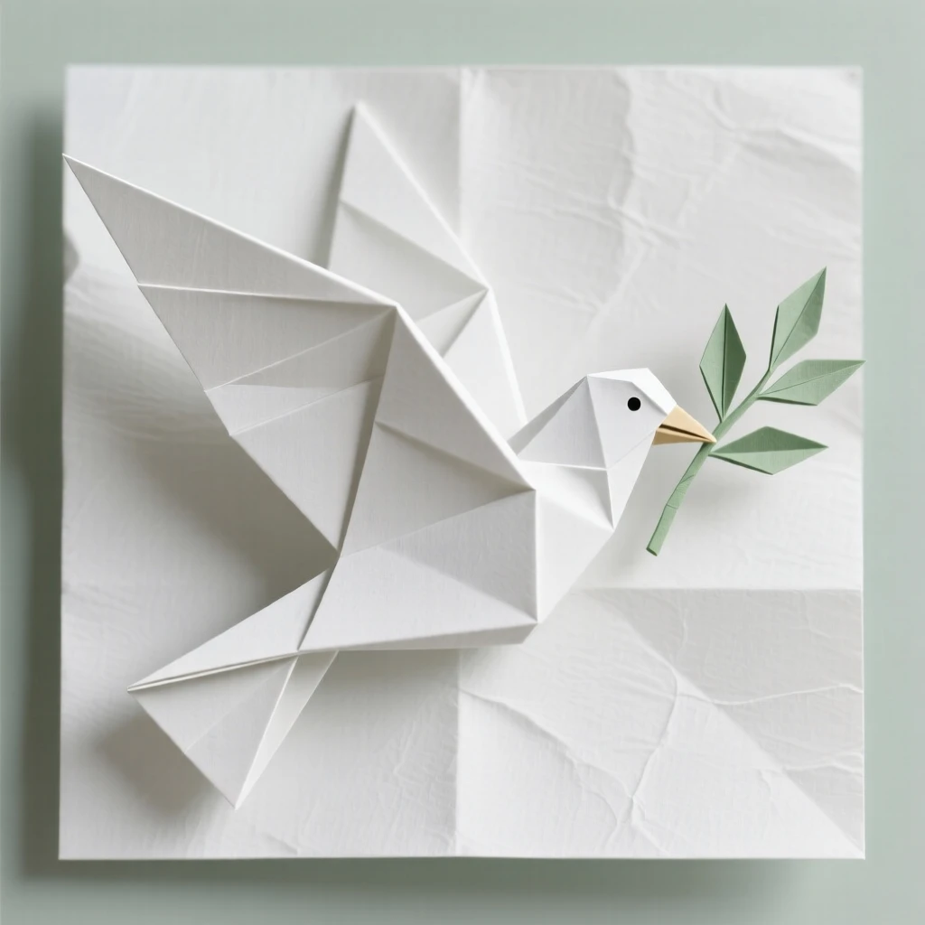 A stylized dove in flight carrying an olive branch, wings spread wide.