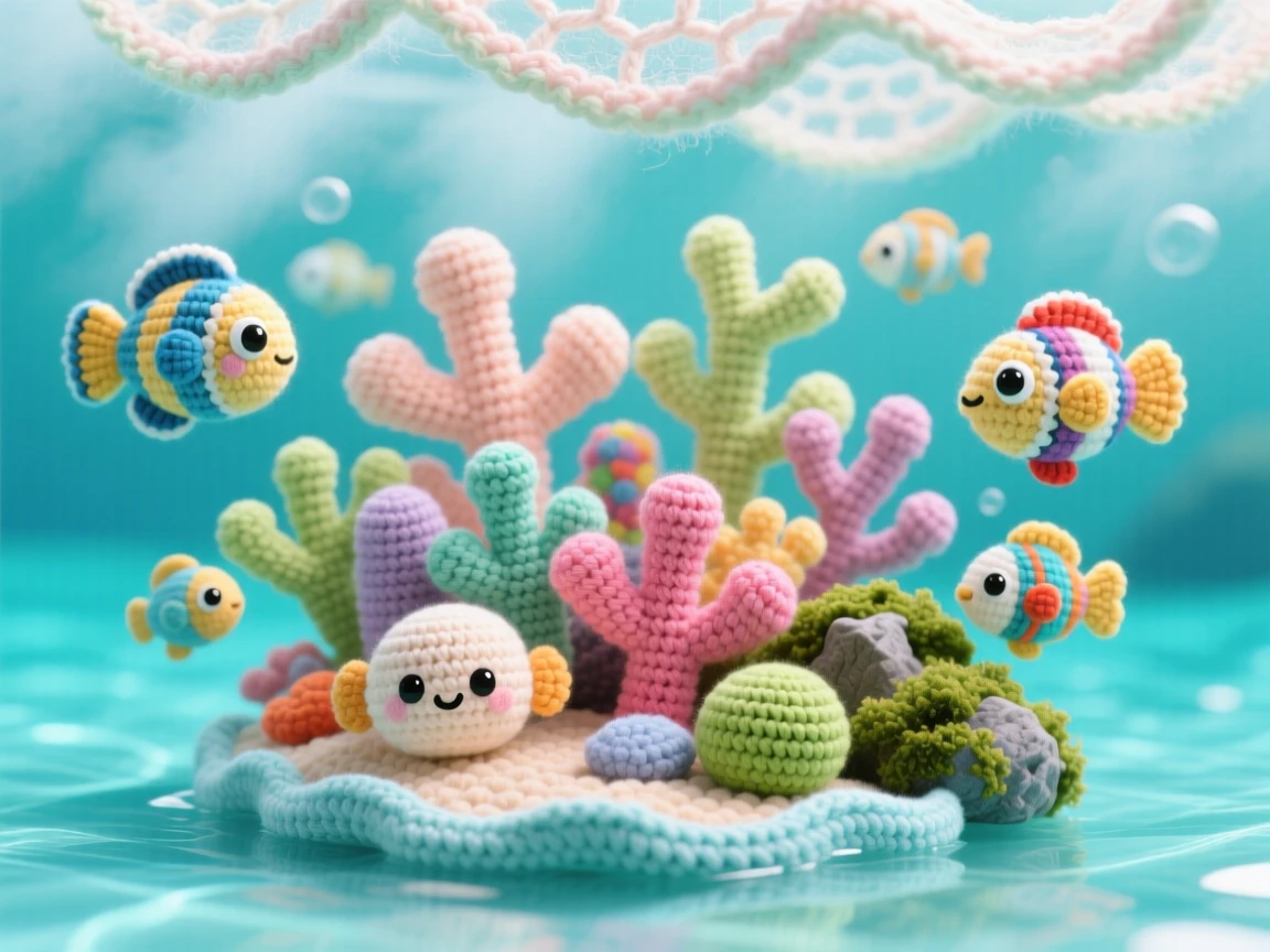 A picturesque scene featuring a small coral reef teeming with color, beneath clear turquoise water, home to schools of tropical fish under a canopy of soft morning mist, accompanied by a cluster of soft mossy rocks, capturing peaceful, untouched natural beauty.