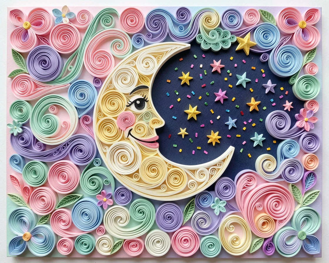 a starry night sky with a smiling crescent moon, in a candy-colored dreamland, framed with charming small details scattered throughout, with confetti-like sparkles throughout the scene.