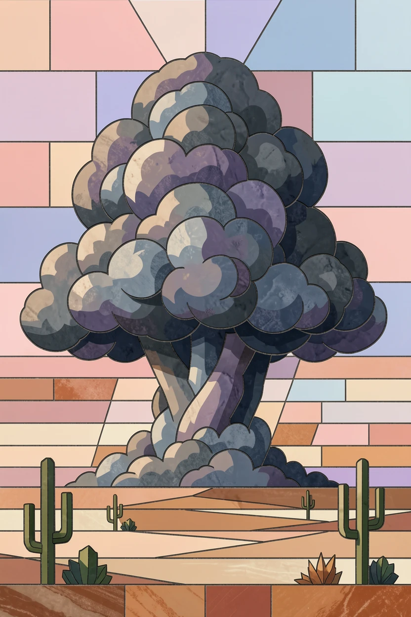 A dramatic thunderhead cloud formation over a wide desert landscape, beneath a sky painted in pastel sunrise hues.