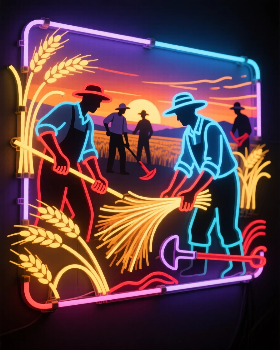 A lively scene of a group of farmers harvesting wheat by hand at sunset.