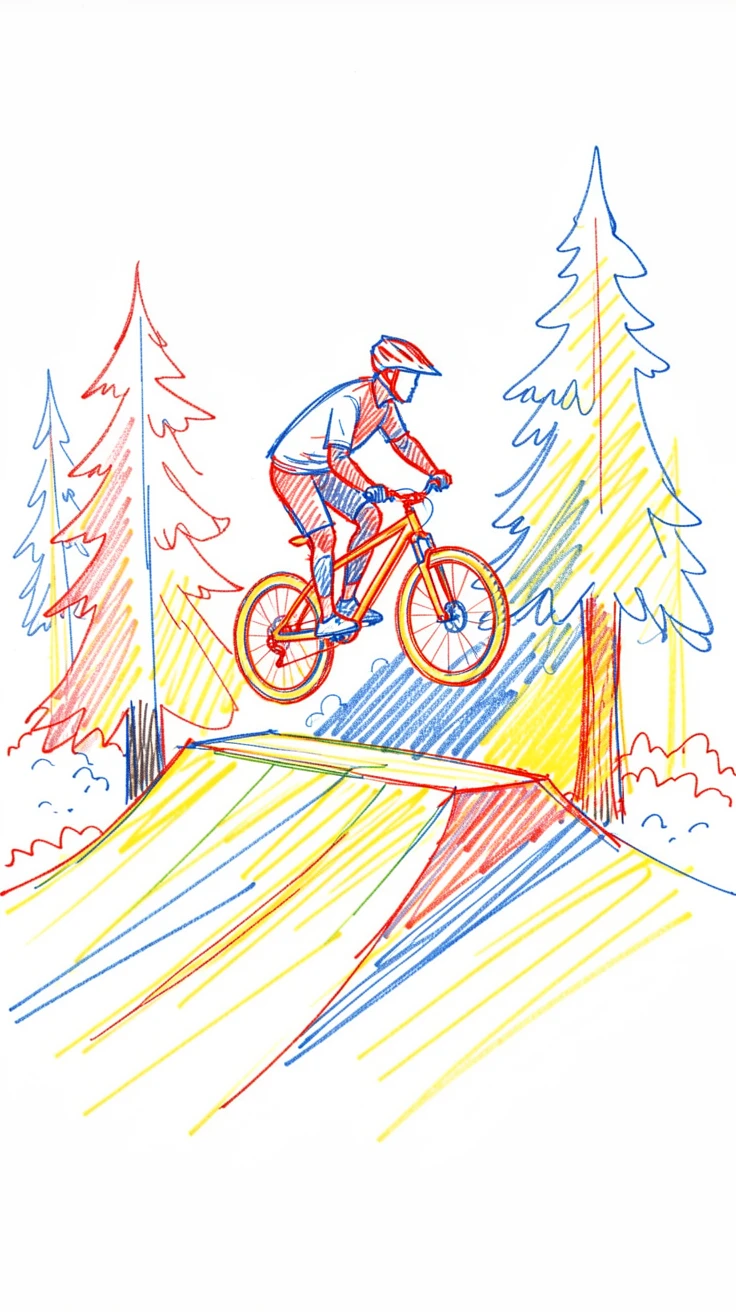 A mountain biker launching off a dirt jump against a forested backdrop