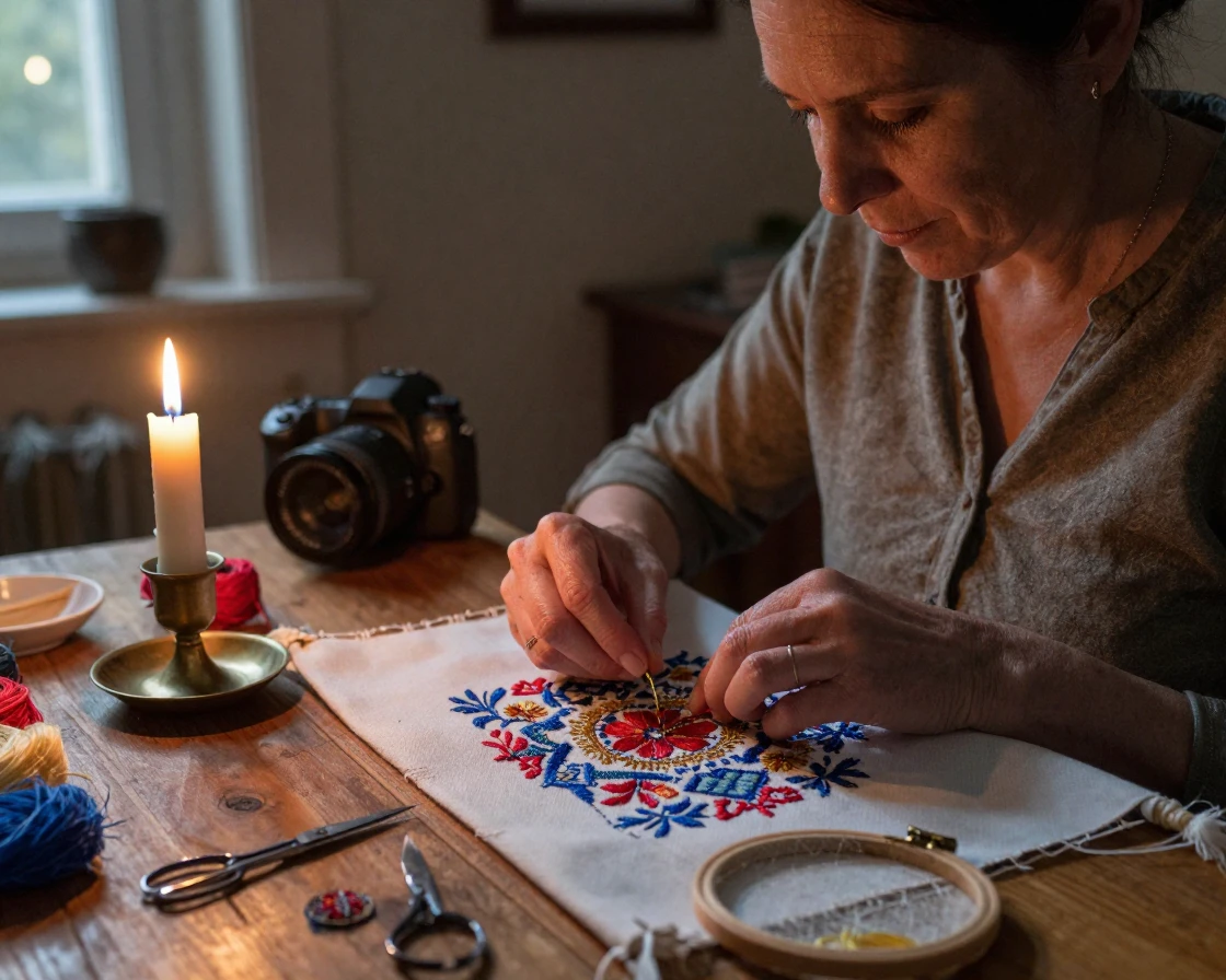 An embroiderer stitching intricate patterns by candlelight